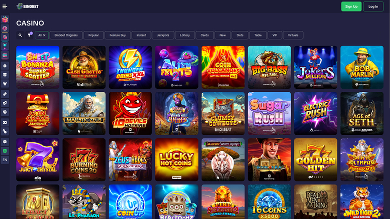 A casino lobby screen on the Bimbet site showing a grid of game tiles under a CASINO heading with category tabs.