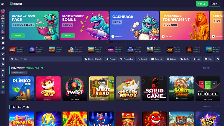 A BINOBET online casino lobby screen showing promotional banners, a game category menu and rows of game tiles.