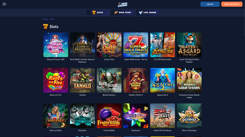 A casino lobby 'Slots' page showing a grid of game tiles under a header with login and account buttons.