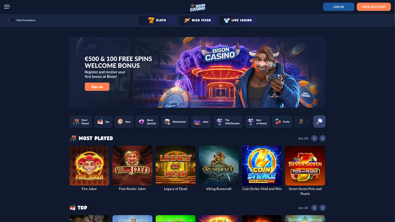 A Bison Casino lobby screenshot showing a welcome bonus banner, category icons, and rows of game tiles under Most Played and Top.