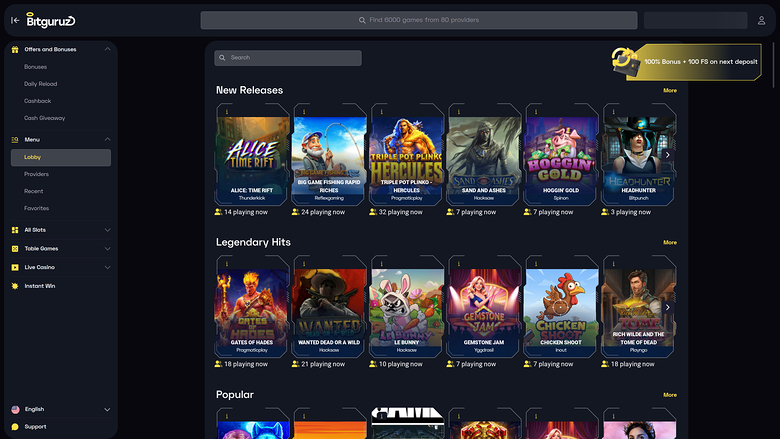 A dark-themed online casino lobby shows a left sidebar menu, a top search bar, a deposit bonus banner, and rows of game tiles under New Releases, Legendary Hits