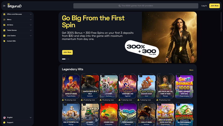 A casino lobby screen for Betguru showing a welcome bonus hero banner and a Legendary Hits game grid.
