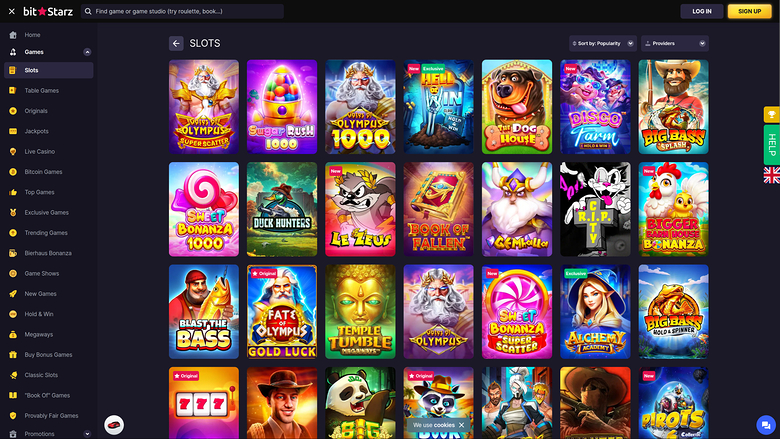 A desktop online casino lobby showing a Slots category grid of game tiles with a left sidebar menu and top header.