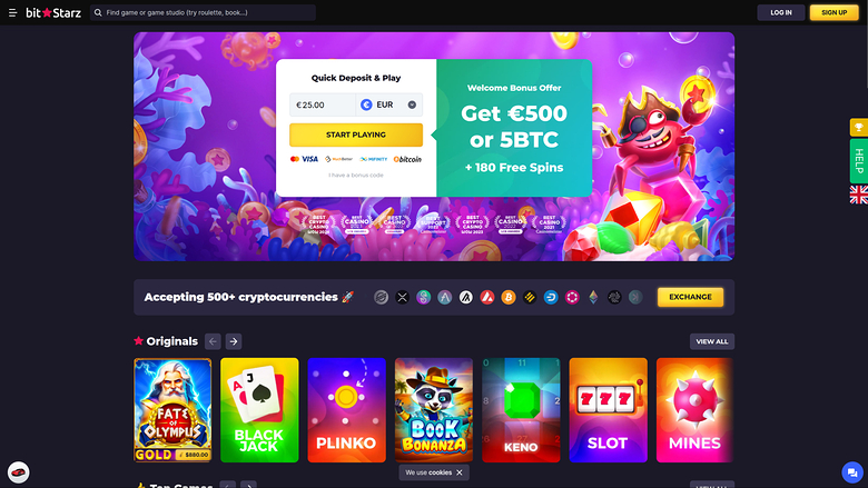 BitStarz casino homepage showing a welcome bonus hero banner, a cryptocurrency acceptance strip, and a row of game tiles labelled Originals.