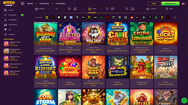 A 'Bizzo Casino' lobby screen showing a grid of game tiles under a top navigation bar and a left sidebar of links and recent winners.