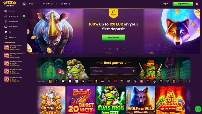 An online casino lobby screenshot showing a left sidebar menu, a promotional hero banner, a game search area with provider icons, and a row of game tiles.