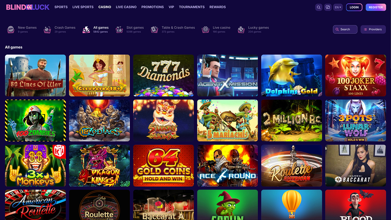 A casino lobby screen on the Blind Luck site showing an 'All games' grid of game tiles under a purple header.