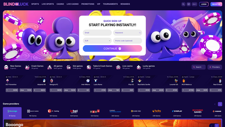 A casino homepage with a quick sign-up modal over a colourful card-suit hero banner, category shortcuts, a sports betting list and a game provider row.