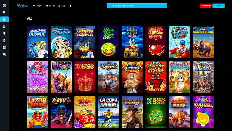 A casino lobby screen showing a grid of game tiles under an 'ALL' heading with top navigation and login buttons.