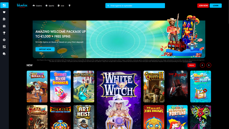 A Bluefox Casino lobby screen showing a welcome bonus banner and a 'New' row of game tiles.