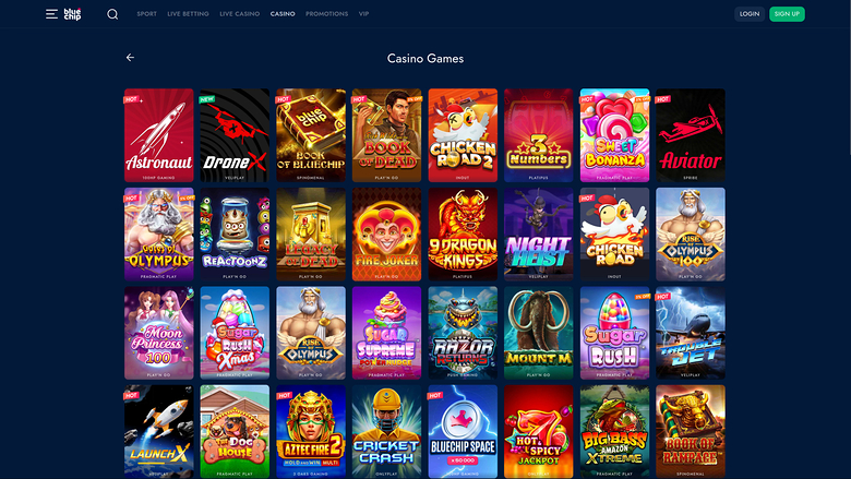 A casino lobby screen titled 'Casino Games' showing a grid of game tiles under a top navigation bar.