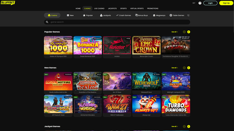 A desktop online casino lobby page for Bluffbet showing a top menu, a Casino tab bar, a game search field, and rows of game tiles under Popular Games, New Games