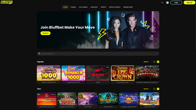Bluffbet casino lobby homepage showing a hero banner, a game search bar, and Popular and New game sections.