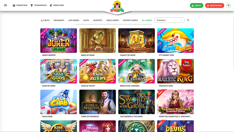 A casino lobby page for Bobova showing a grid of game thumbnails under category tabs and a providers dropdown.