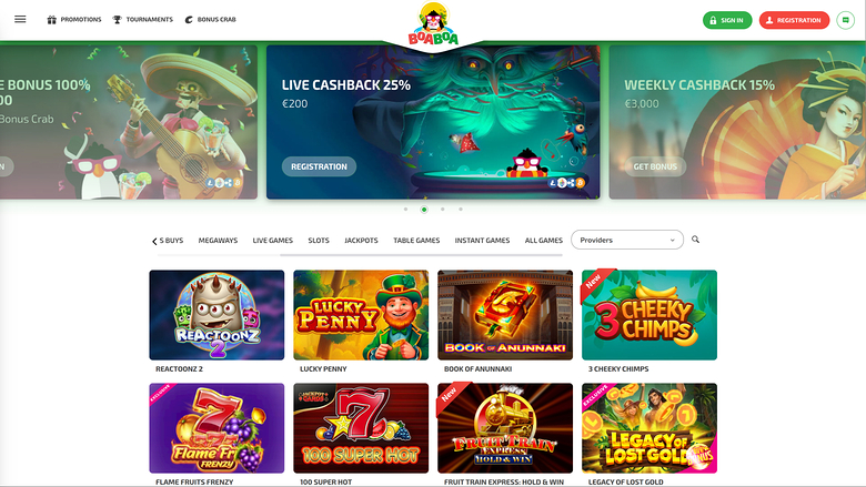 A casino lobby screen showing a promotional banner carousel above a game grid with category tabs and a providers dropdown.