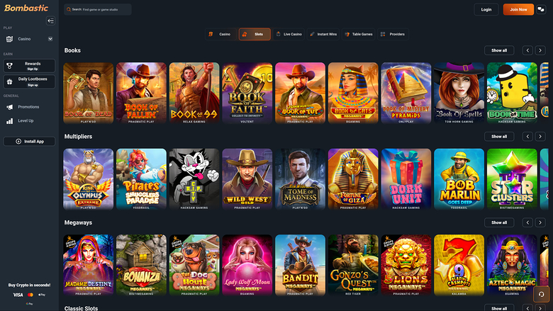 A Bombastic online casino lobby screen showing game tiles grouped into Books, Multipliers, Megaways and Classic Slots rows.