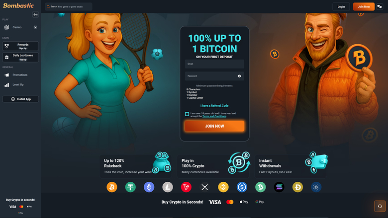 A casino landing page with a registration form over a cartoon illustration of two tennis-themed characters.
