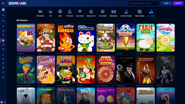 A desktop casino lobby screen for BOOMBANG showing a grid of game tiles under an 'All Games' heading.