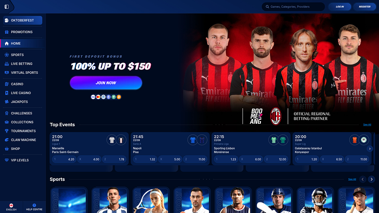 A sportsbook-style casino lobby shows a first deposit bonus banner, a football-themed hero image, upcoming football match odds and a row of sports tiles.
