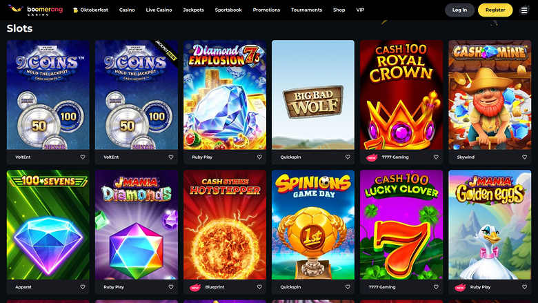 A 'Slots' lobby page on the Boomering casino site showing a grid of twelve game tiles with provider names beneath each.