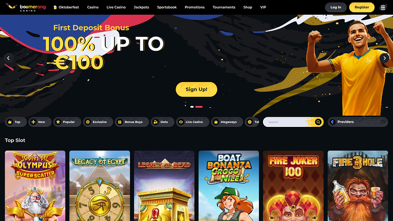 A Boomeringo casino homepage showing a first deposit bonus hero banner, a category filter bar, and a Top Slot game row.