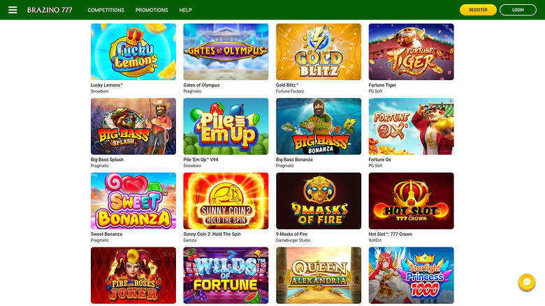 A casino lobby screen shows a grid of sixteen game tiles under a green header with login and register buttons.