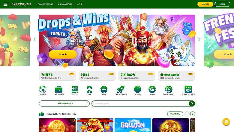 A desktop online casino lobby for BRAZINO 777 showing a promotional carousel, statistics bar, game category icons and a game grid.