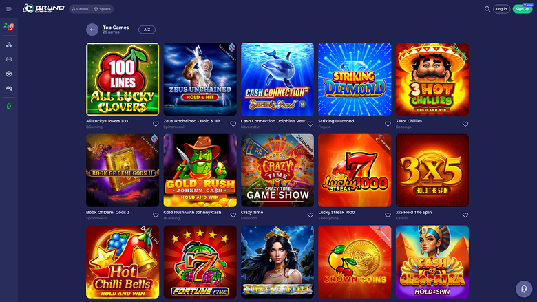 A casino lobby screen showing a 'Top Games' grid of game tiles under a header with Casino and Sports tabs.