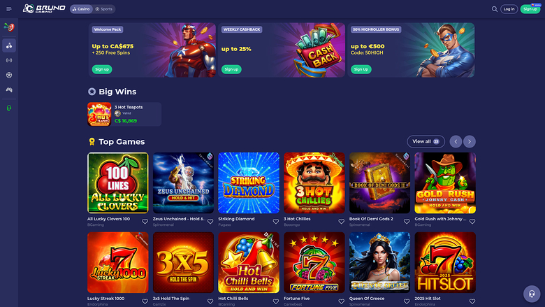 A casino lobby screen showing a top navigation bar, three promotional banners, a Big Wins section and a Top Games grid of game tiles.