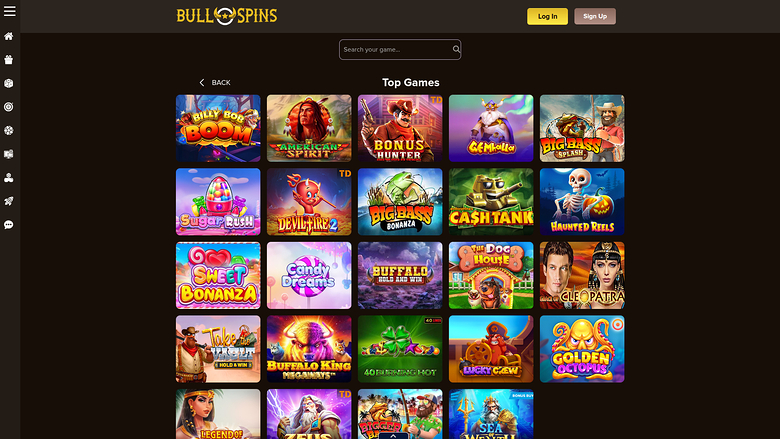 A casino lobby screen titled 'Top Games' showing a grid of game tiles beneath a search bar and Log In and Sign Up buttons.