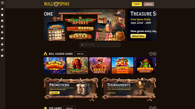 A Bull Spins online casino lobby screen showing a promotional hero banner, a search bar, a row of game tiles and promotion and tournament panels.