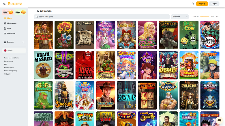 A casino lobby screen titled 'All Games' showing a grid of game thumbnails with a left sidebar and top bar.