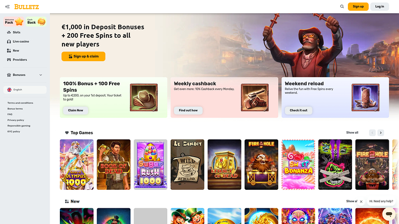 Bulletz casino lobby screenshot showing a €1,000 deposit bonus hero banner, three promo cards, and rows of game tiles.