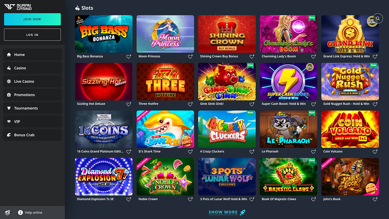 A desktop online casino lobby showing a left sidebar menu and a grid of slot game tiles under a 'Slots' heading.