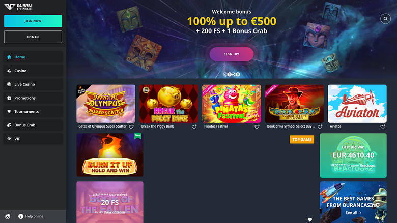 A Buran Casino lobby screen showing a welcome bonus banner and a grid of game tiles with a left sidebar menu.