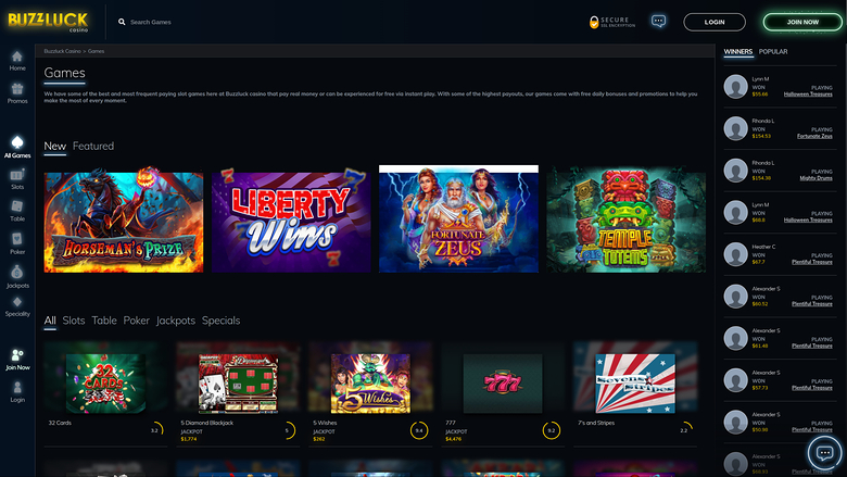 A dark-themed online casino lobby page showing a Games section with featured and slot game tiles plus a winners sidebar.