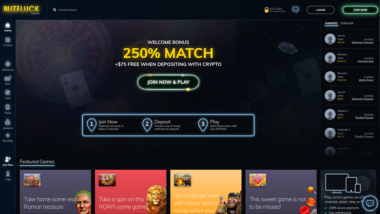 A desktop online casino lobby for Bitzluck Casino showing a 250% match welcome bonus hero banner, a left sidebar menu, a winners ticker on the right, and a Feat