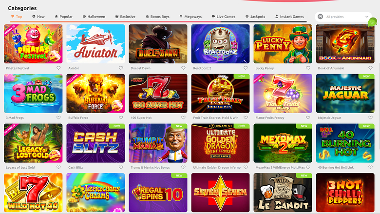 An online casino lobby screen titled Categories showing a grid of game tiles under category tabs and an All providers filter.
