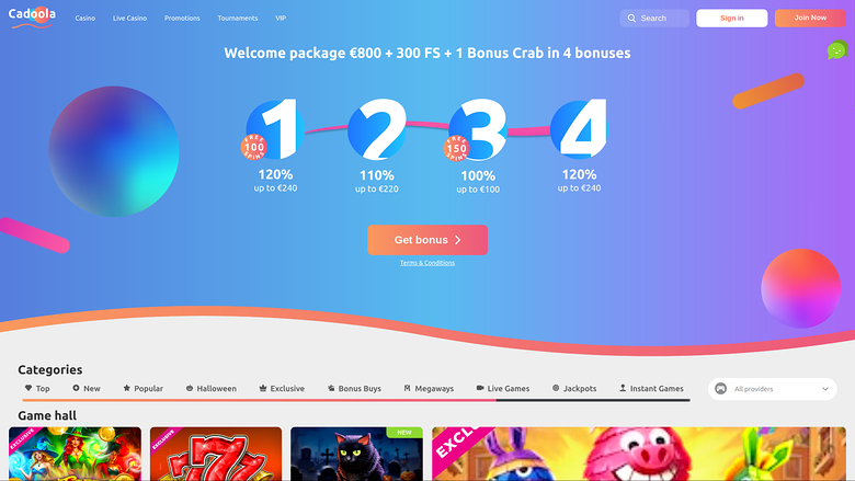 A casino welcome page shows a four-step bonus offer above a game lobby with category filters and game tiles.