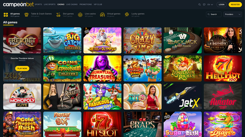 A desktop lobby screen of the Cameron Bet online casino showing an 'All games' grid of game tiles beneath a top navigation bar.