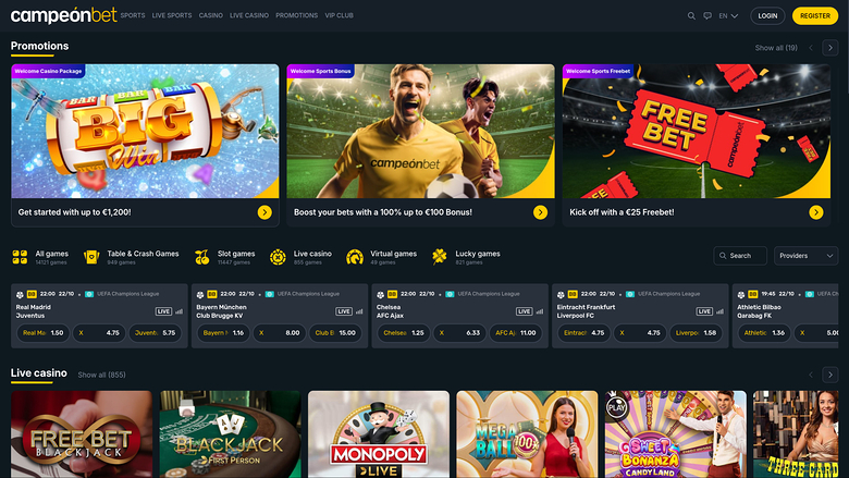 A desktop screenshot of the Camponbet online casino homepage showing a promotions carousel, game category shortcuts, a live football betting section and a live