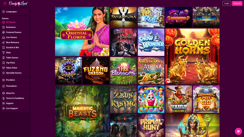 A Candy Loot online casino lobby shows a left sidebar menu and a grid of game thumbnails under an 'All Games' heading.