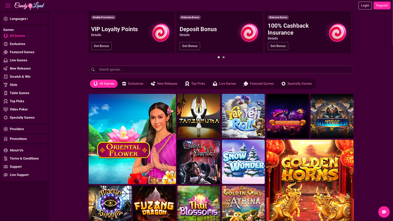 An online casino lobby page for 'Candy Land' showing a left sidebar menu, three promotional banners and a grid of game tiles.