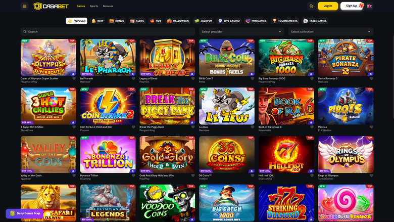 A casino lobby screen showing a grid of game tiles under a top navigation bar and category tabs.