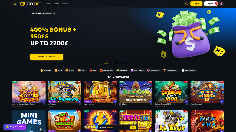 A casino lobby homepage shows a welcome bonus banner above a row of category tabs and a grid of featured game tiles.