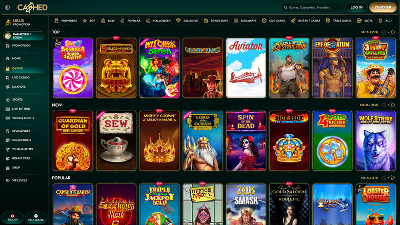 A casino lobby screen on the CASHED site showing rows of game tiles under Top, New and Popular headings with a left sidebar and top navigation.