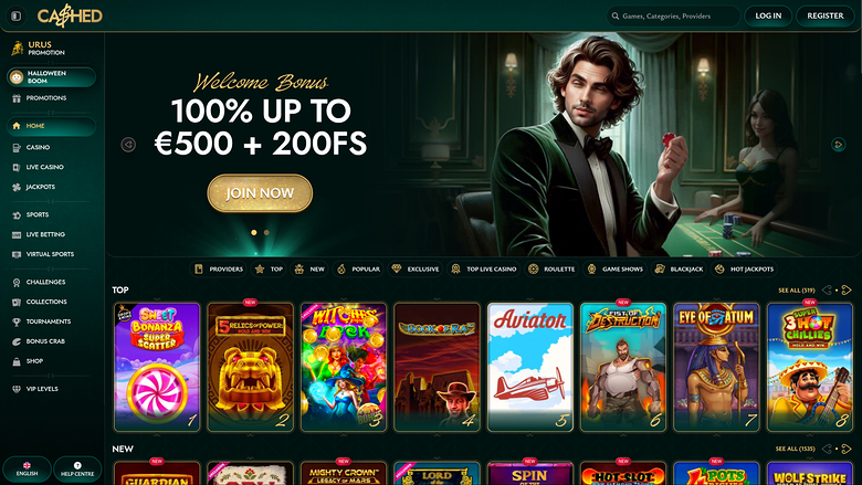 A casino lobby screen showing a welcome bonus offer, a left sidebar menu, and rows of game tiles under Top and New sections.