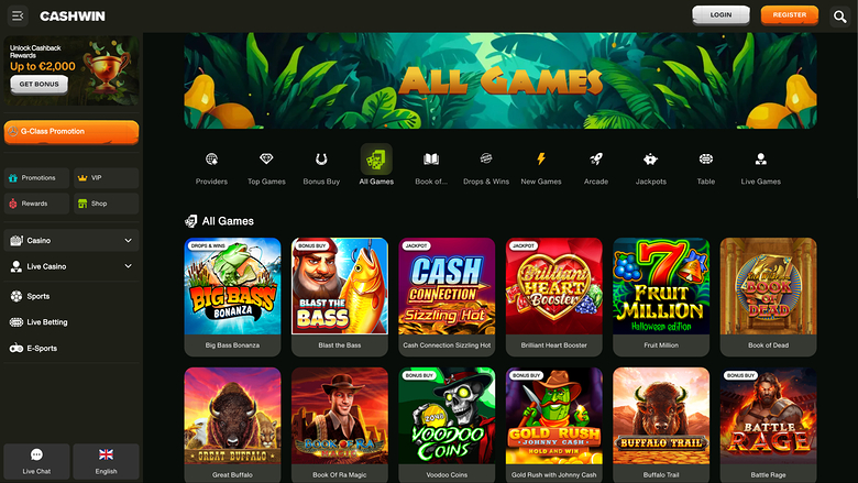 An online casino lobby page titled All Games showing a left sidebar menu, a top banner, and a grid of game tiles.