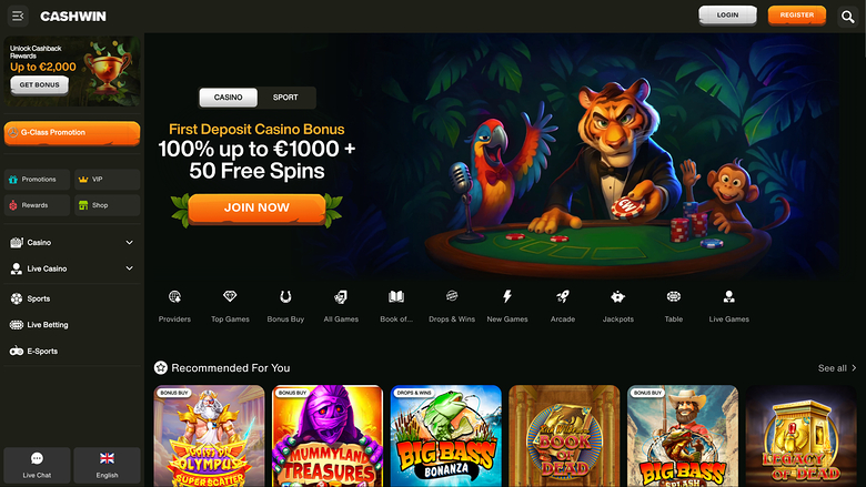 Cashwin casino lobby showing a first deposit bonus banner, a left sidebar menu, and a row of recommended game tiles.