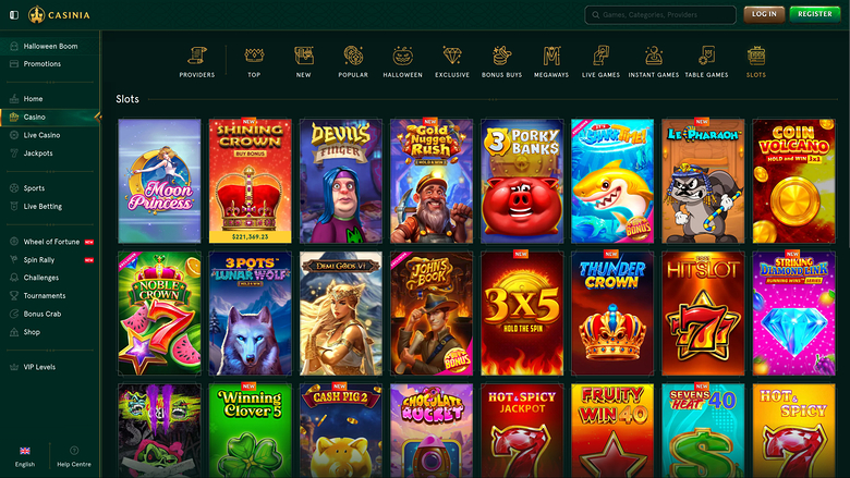 A casino lobby screen showing a grid of slot game tiles under a 'Slots' heading with a left sidebar and top navigation.